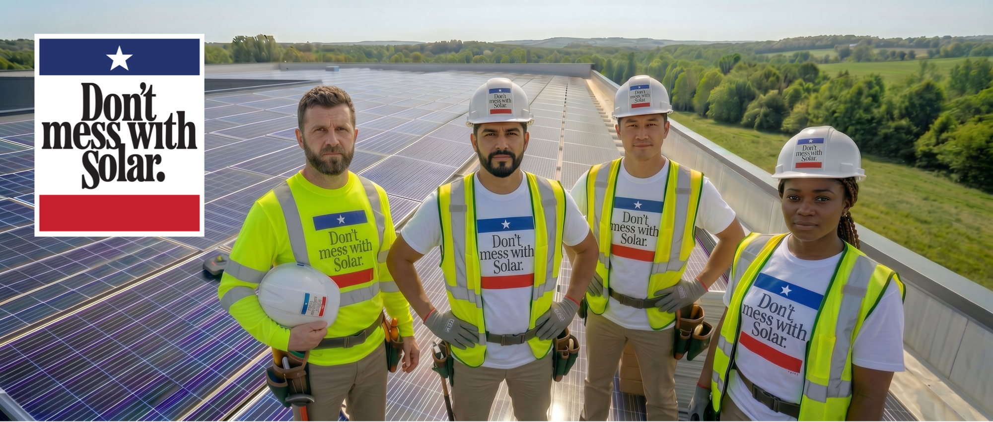 Solar workers on a rooftop installation wearing Don’t mess with Solar gear